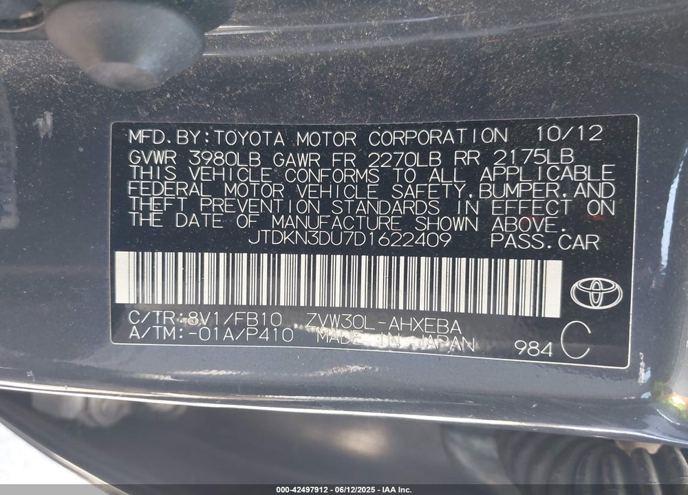 2013 TOYOTA PRIUS VIN: JTDKN3DU7D1622409