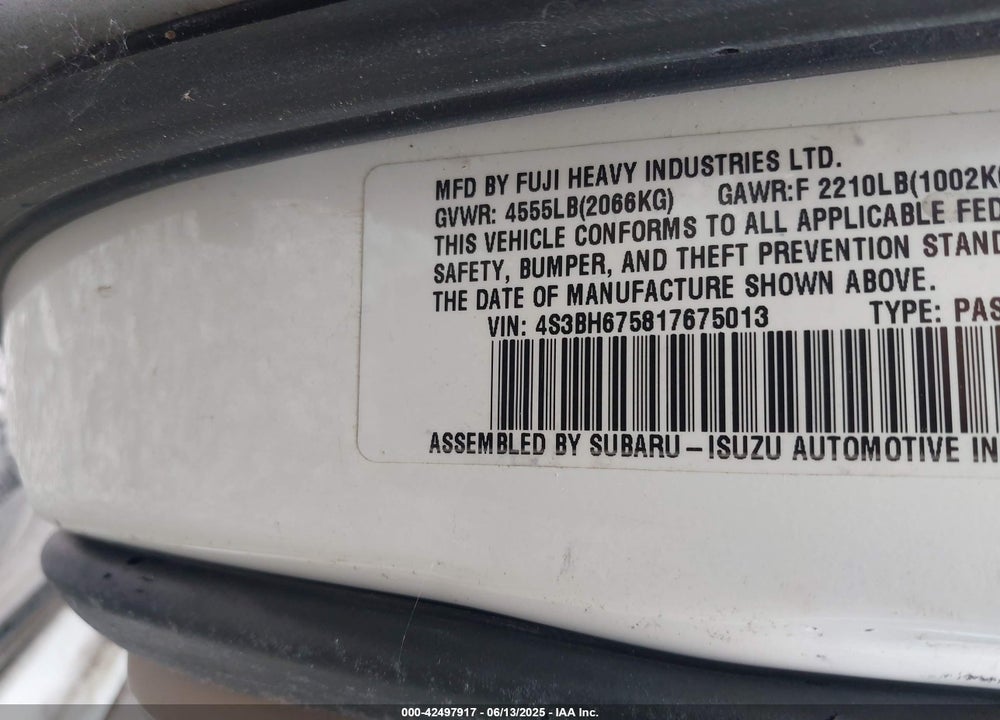 2001 SUBARU OUTBACK VIN: 4S3BH675817675013