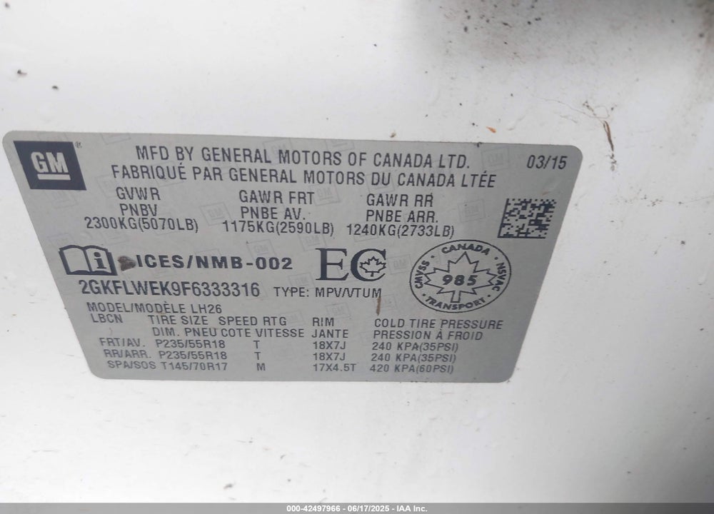 2015 GMC TERRAIN SLE-2 VIN: 2GKFLWEK9F6333316