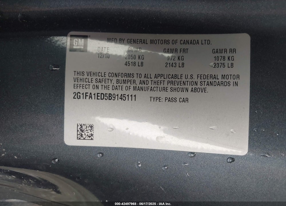 2011 CHEVROLET CAMARO VIN: 2G1FA1ED5B9145111