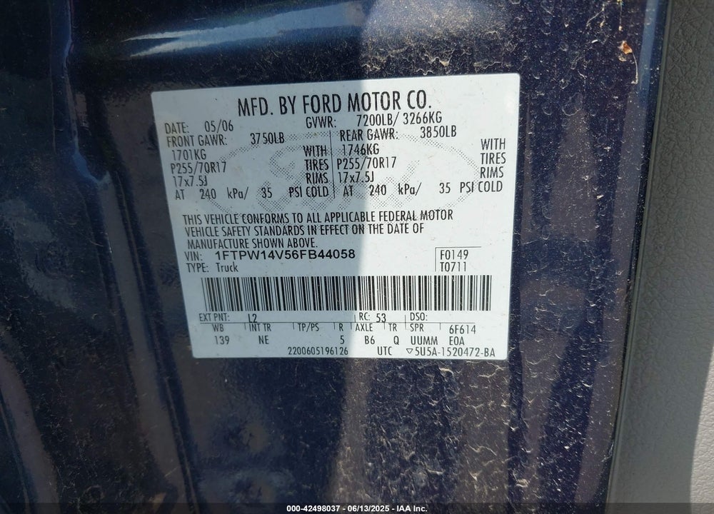 2006 FORD F-150 FX4/LARIAT/XLT VIN: 1FTPW14V56FB44058
