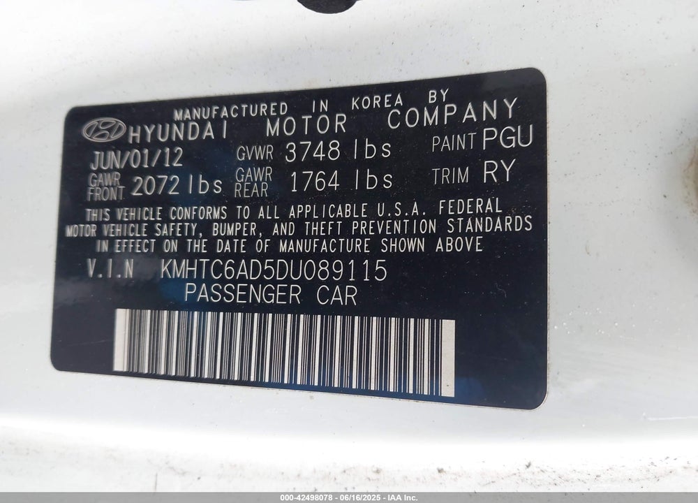 2013 HYUNDAI VELOSTER BASE W/GRAY VIN: KMHTC6AD5DU089115