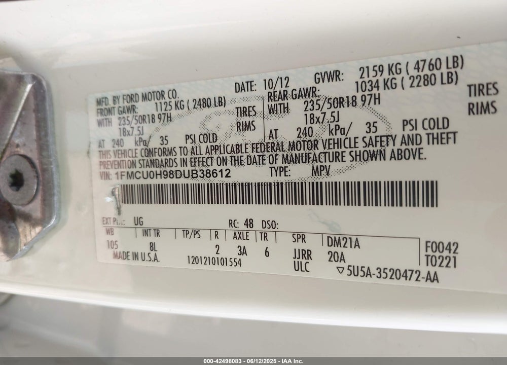 2013 FORD ESCAPE SEL VIN: 1FMCU0H98DUB38612