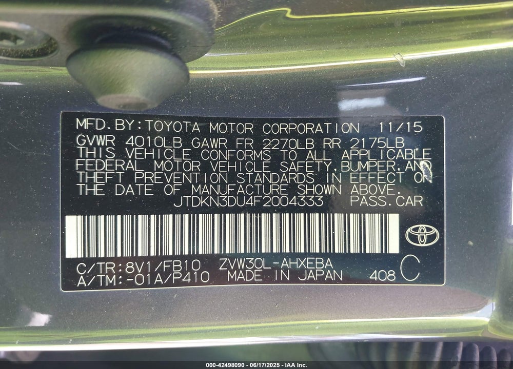 2015 TOYOTA PRIUS THREE VIN: JTDKN3DU4F2004333