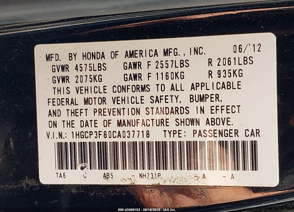 2012 HONDA ACCORD 3.5 EX-L VIN: 1HGCP3F80CA037718