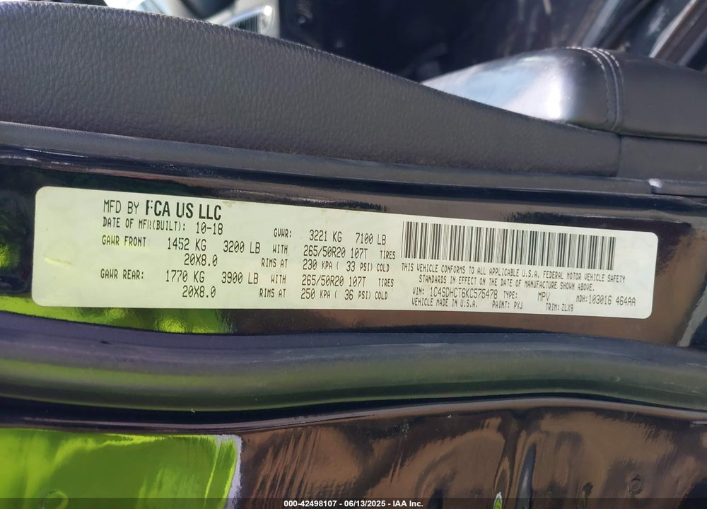 2019 DODGE DURANGO VIN: 1C4SDHCT6KC575478