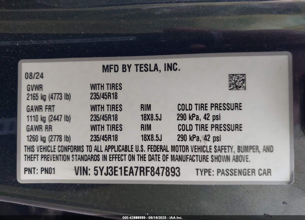2024 TESLA MODEL 3 VIN: 5YJ3E1EA7RF847893