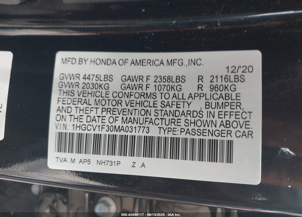 2021 HONDA ACCORD VIN: 1HGCV1F30MA031773
