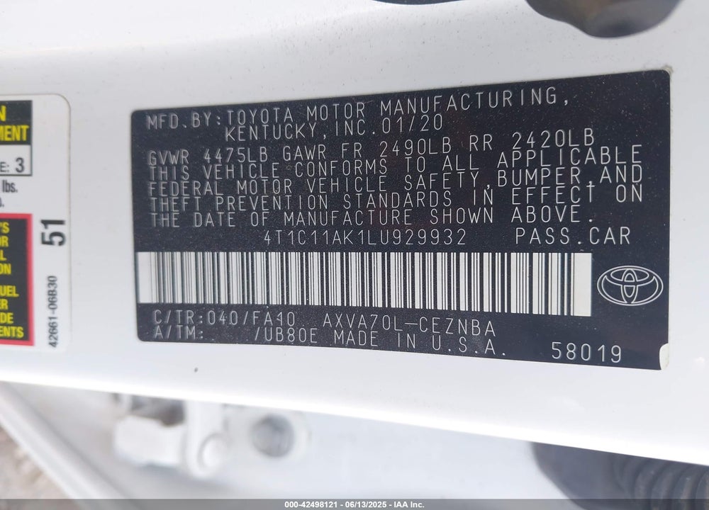 2020 TOYOTA CAMRY LE VIN: 4T1C11AK1LU929932