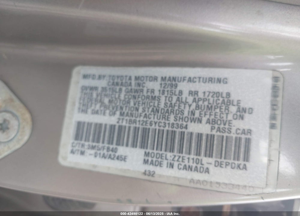 2000 TOYOTA COROLLA CE VIN: 2T1BR12E6YC318364