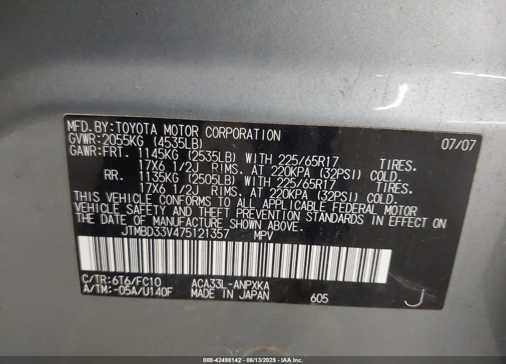 2007 TOYOTA RAV4 VIN: JTMBD33V475121357