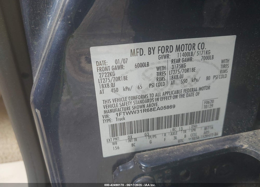 2008 FORD F-350 FX4/HARLEY-DAVIDSON/KING RANCH/LARIAT/XL/XLT VIN: 1FTWW31R68EA05869
