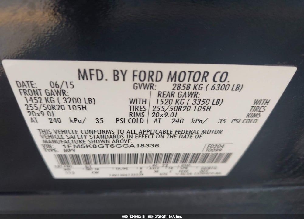 2016 FORD EXPLORER SPORT VIN: 1FM5K8GT6GGA18336