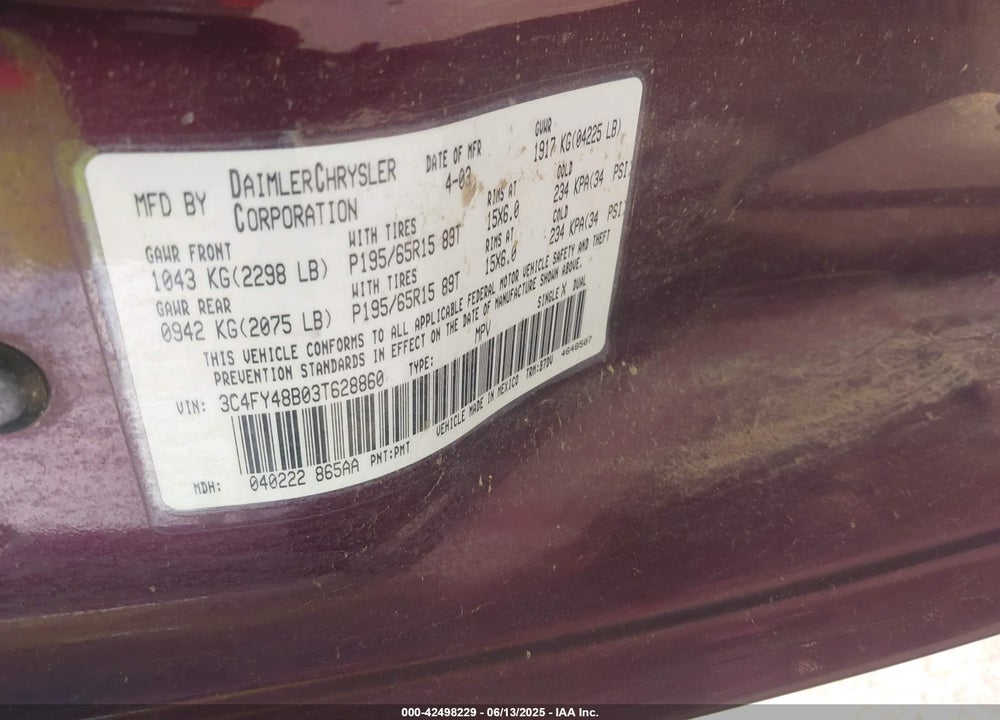 2003 CHRYSLER PT CRUISER VIN: 3C4FY48B03T628860