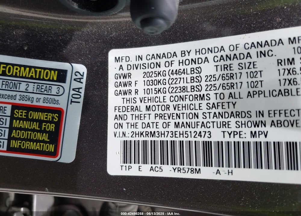 2014 HONDA CR-V VIN: 2HKRM3H73EH512473