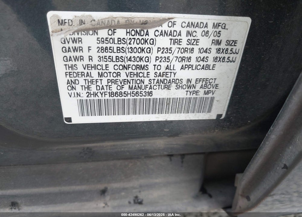2005 HONDA PILOT EX-L VIN: 2HKYF18685H565316