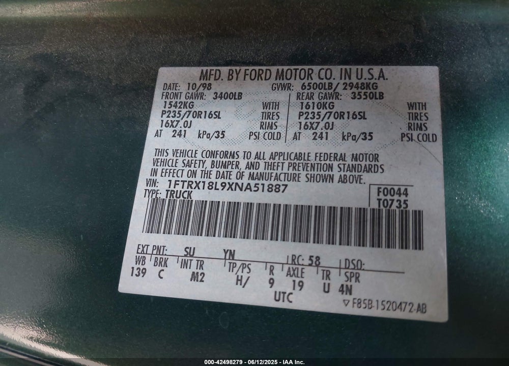 1999 FORD F-150 LARIAT/XL/XLT VIN: 1FTRX18L9XNA51887