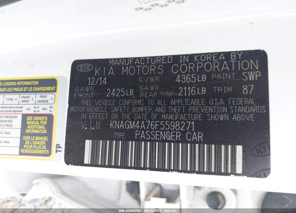 2015 KIA OPTIMA VIN: KNAGM4A76F5598271