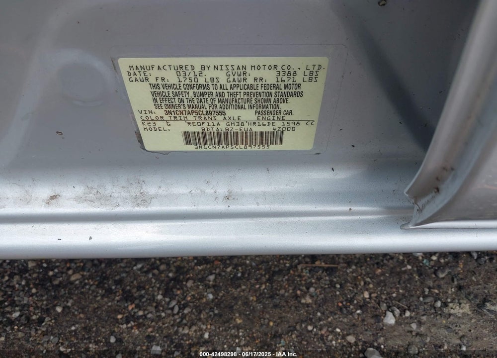 2012 NISSAN VERSA VIN: 3N1CN7AP5CL897555