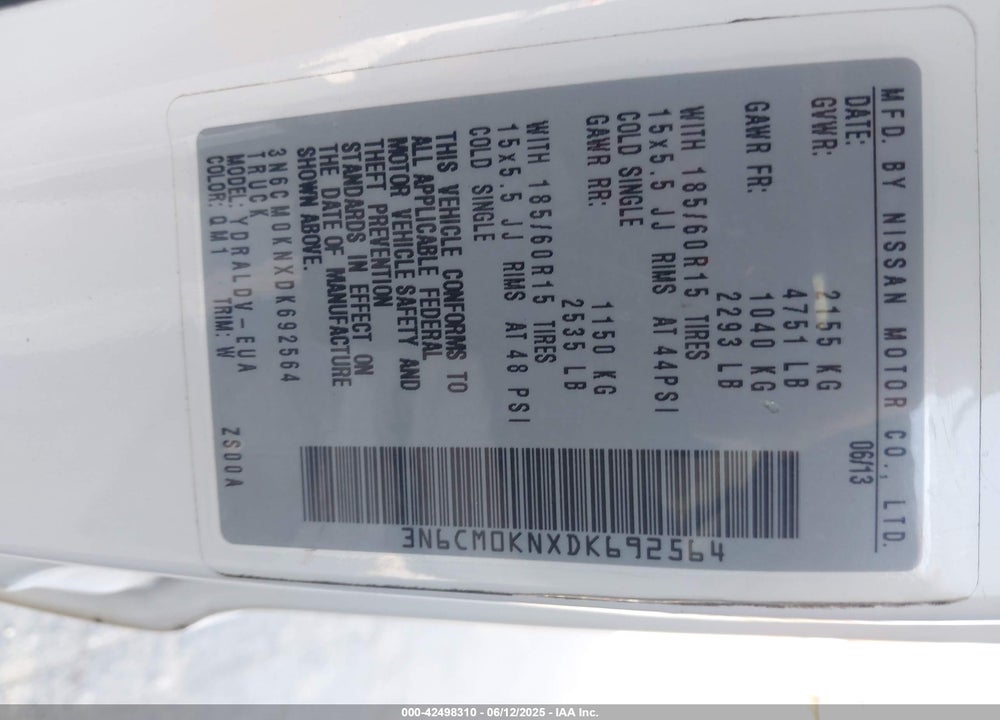 2013 NISSAN NV200 S VIN: 3N6CM0KNXDK692564