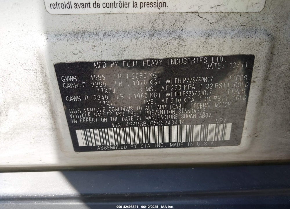 2012 SUBARU OUTBACK 2.5I LIMITED VIN: 4S4BRBJC5C3243434