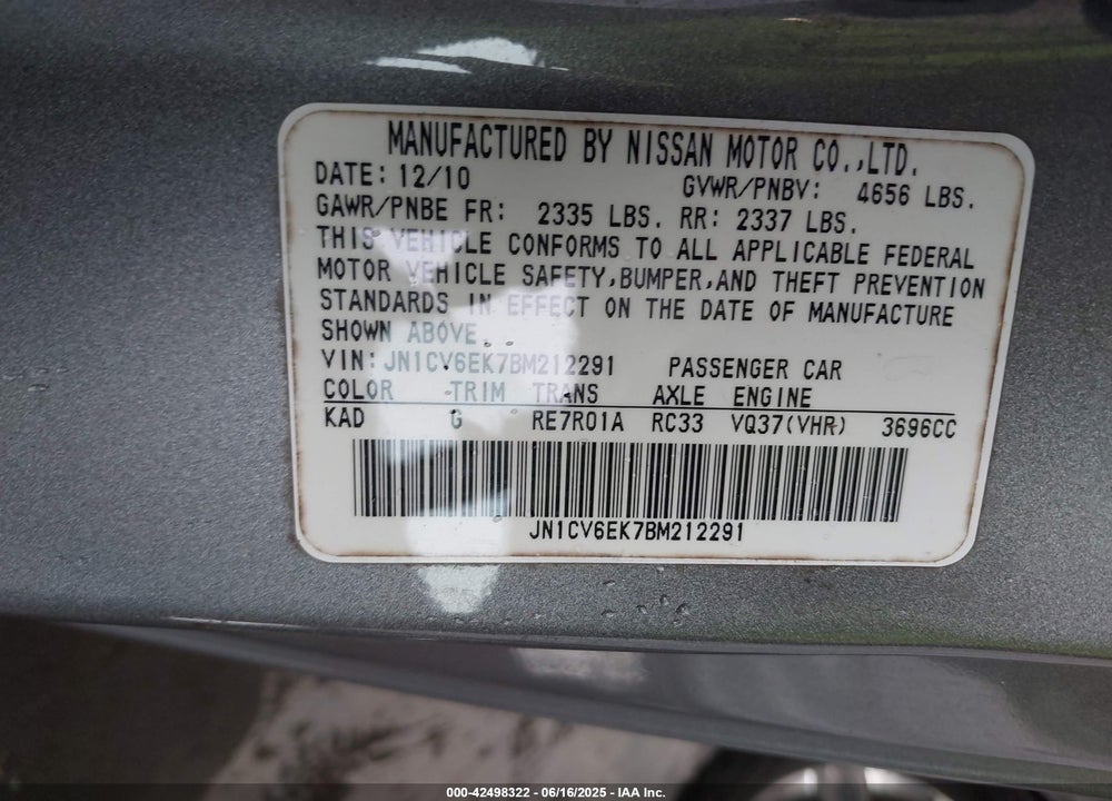 2011 INFINITI G37 VIN: JN1CV6EK7BM212291