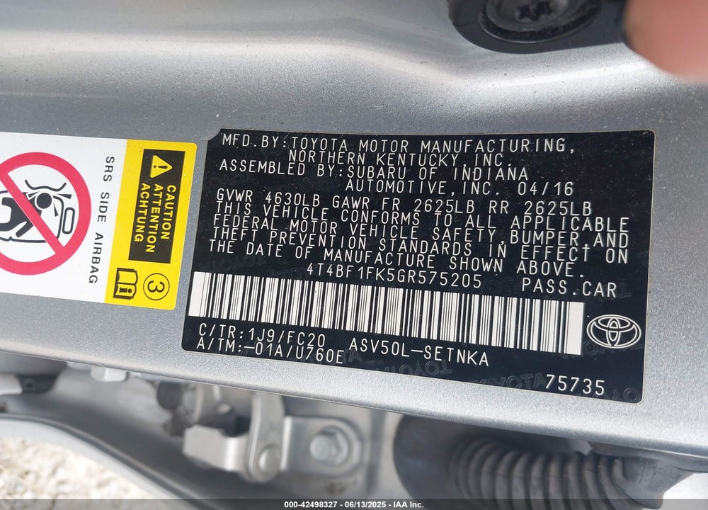 2016 TOYOTA CAMRY VIN: 4T4BF1FK5GR575205
