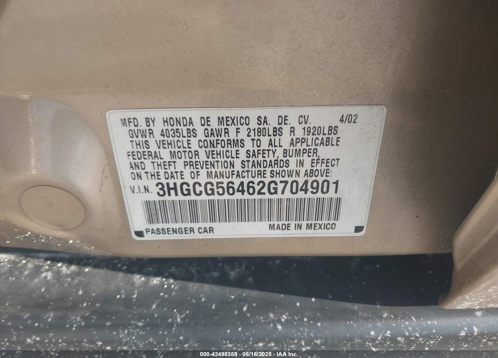 2002 HONDA ACCORD 2.3 LX VIN: 3HGCG56462G704901