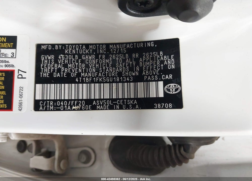 2016 TOYOTA CAMRY SE VIN: 4T1BF1FK5GU181343