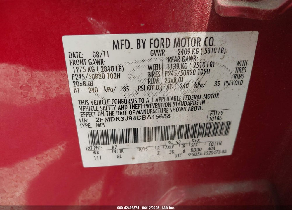 2012 FORD EDGE SEL VIN: 2FMDK3J94CBA15688