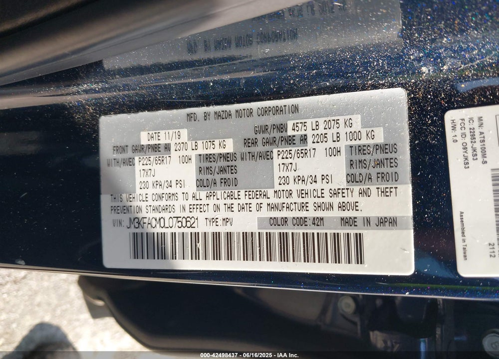 2020 MAZDA CX-5 VIN: JM3KFACM0L0750621