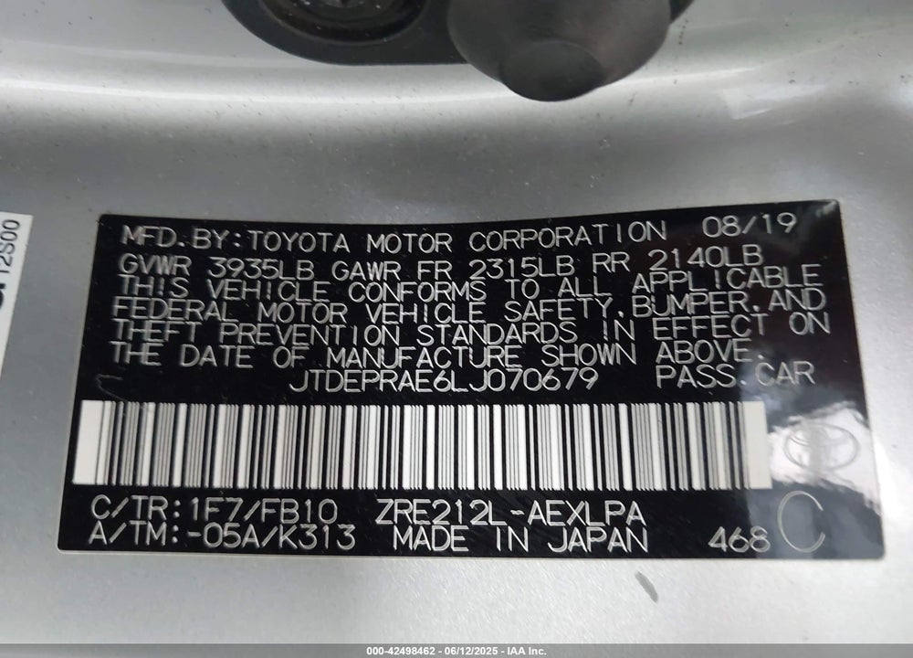 2020 TOYOTA COROLLA VIN: JTDEPRAE6LJ070679