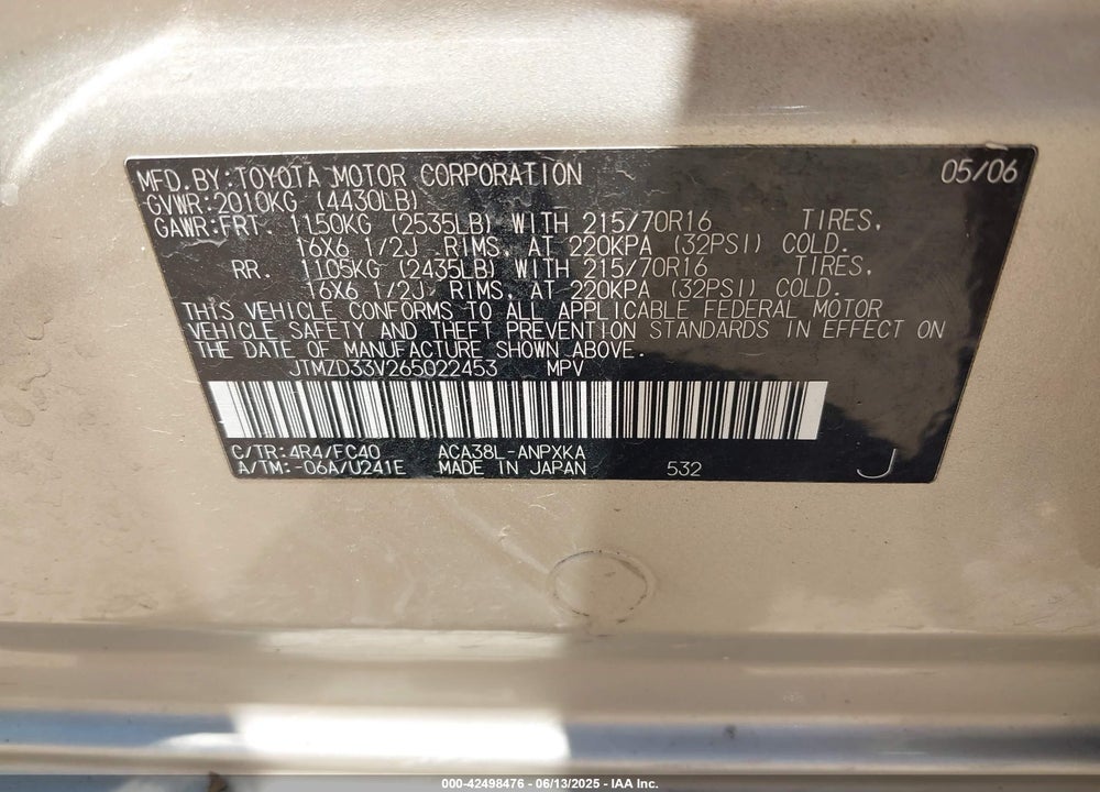 2006 TOYOTA RAV4 VIN: JTMZD33V265022453