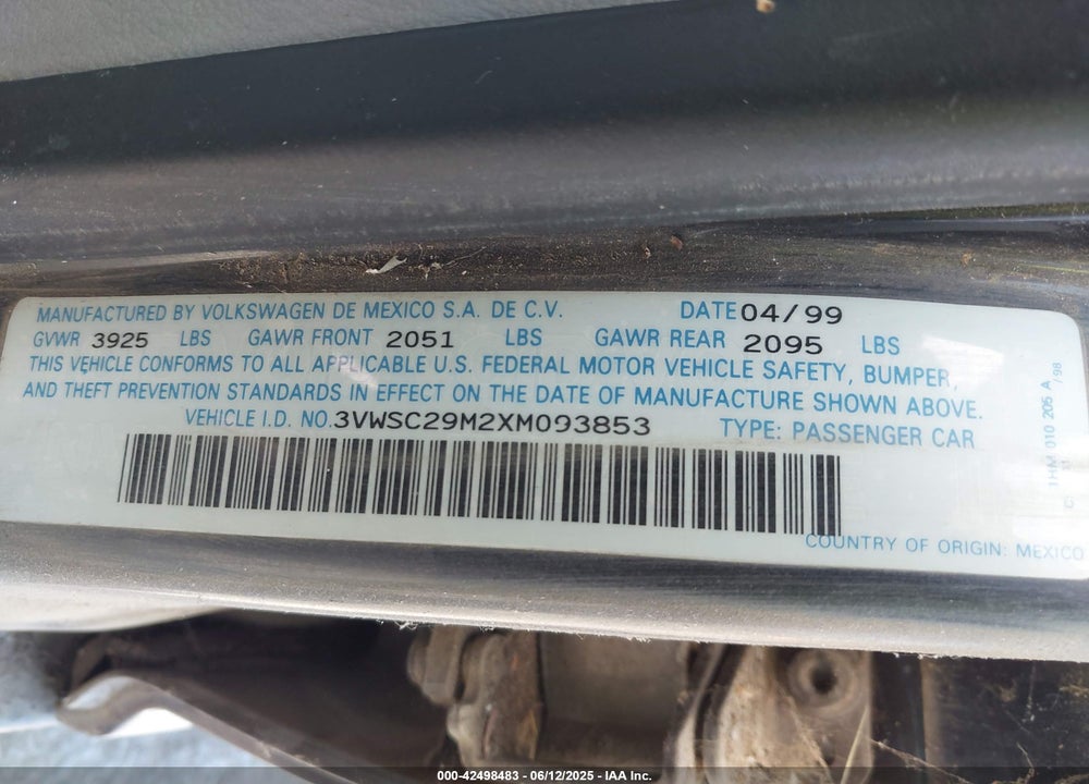 1999 VOLKSWAGEN JETTA GLS VIN: 3VWSC29M2XM093853