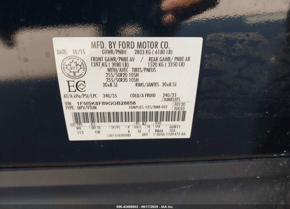 2016 FORD EXPLORER VIN: 1FM5K8F89GGB28858