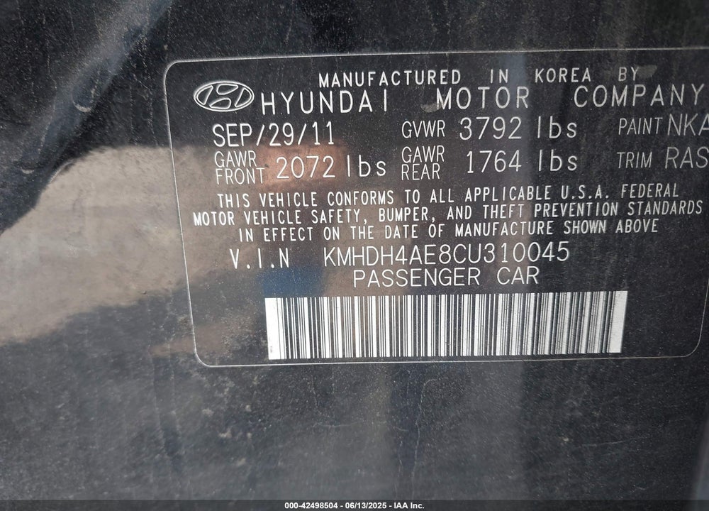 2012 HYUNDAI ELANTRA VIN: KMHDH4AE8CU310045