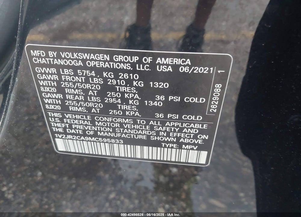 2021 VOLKSWAGEN ATLAS VIN: 1V2JR2CA9MC595833
