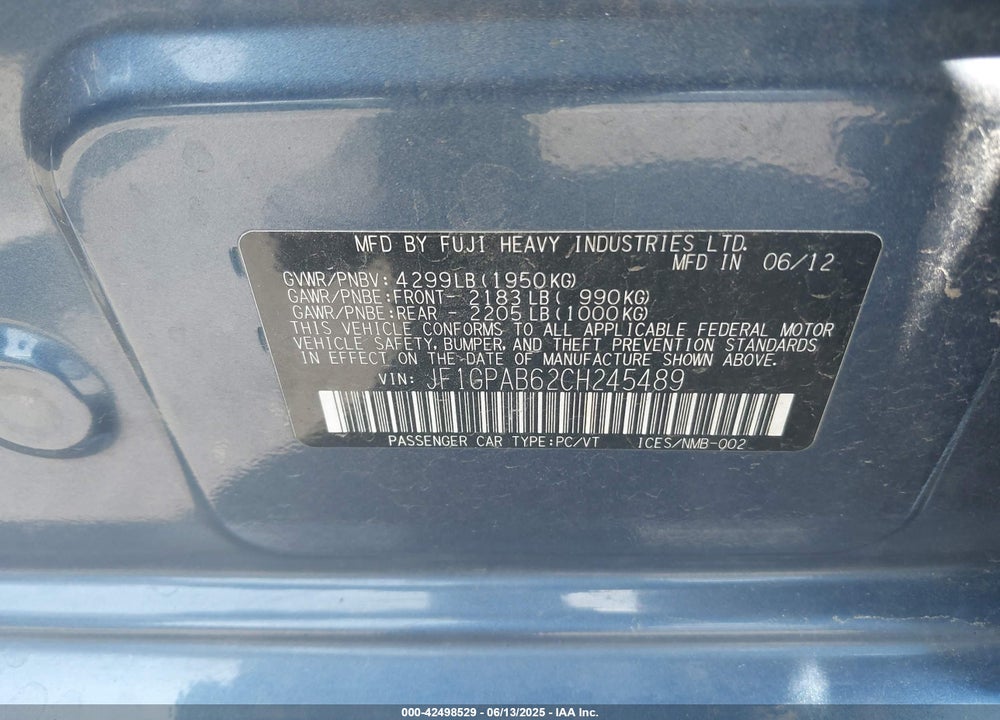 2012 SUBARU IMPREZA 2.0I PREMIUM VIN: JF1GPAB62CH245489