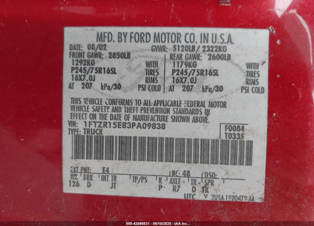 2003 FORD RANGER XLT VIN: 1FTZR15E83PA09838