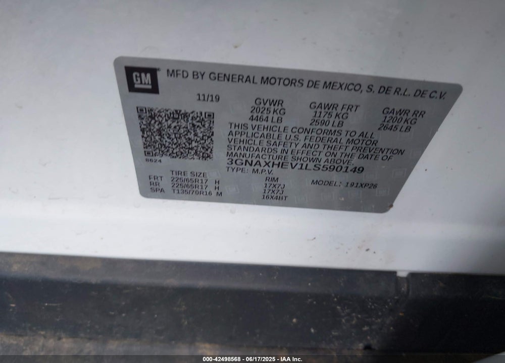 2020 CHEVROLET EQUINOX VIN: 3GNAXHEV1LS590149