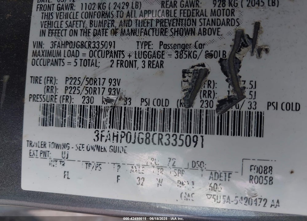 2012 FORD FUSION VIN: 3FAHP0JG8CR335091