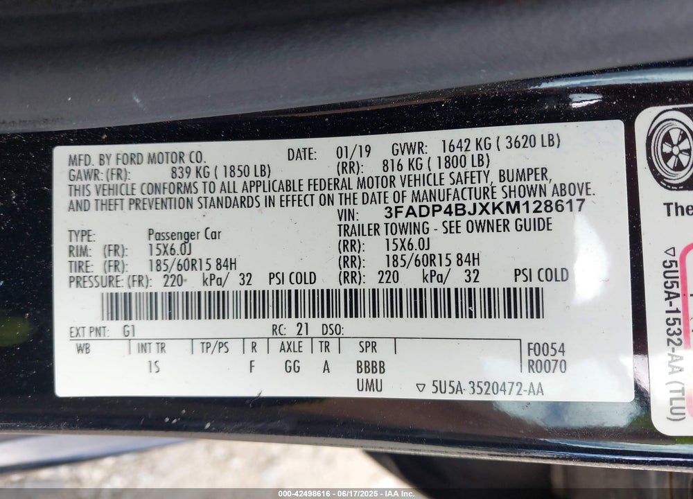 2019 FORD FIESTA VIN: 3FADP4BJXKM128617