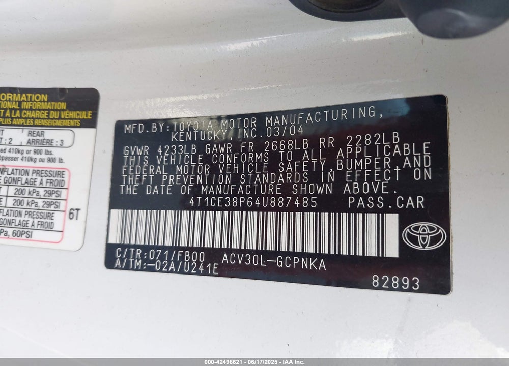 2004 TOYOTA CAMRY SOLARA SE VIN: 4T1CE38P64U887485