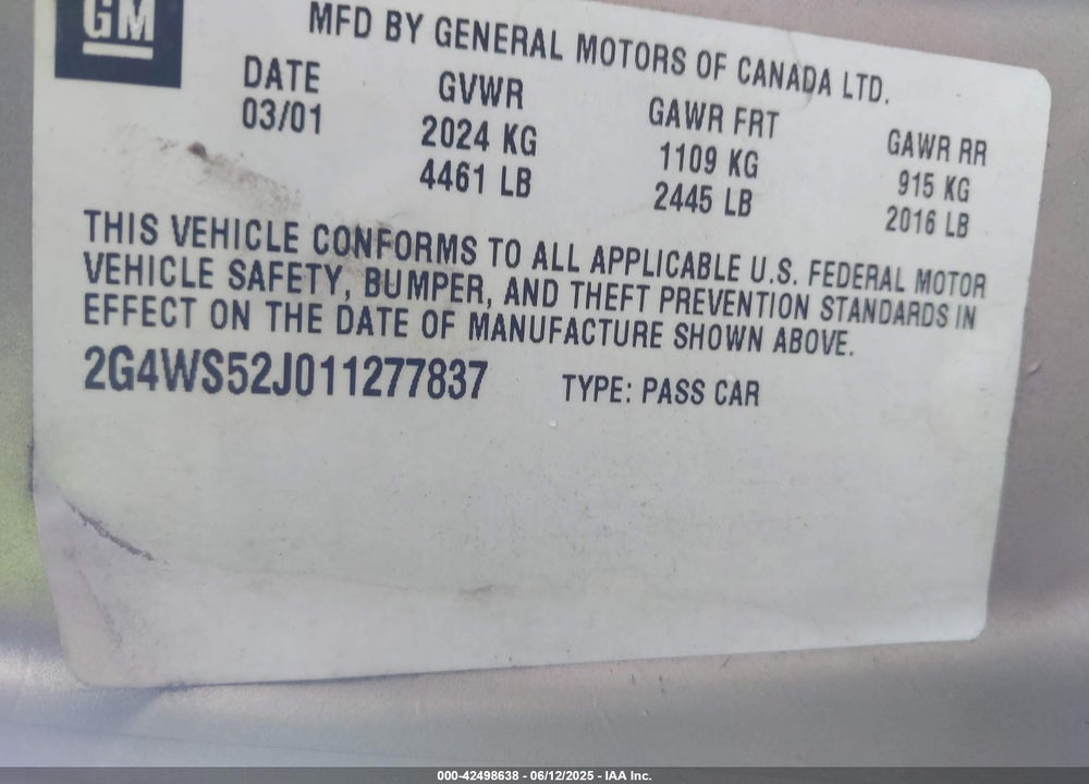 2001 BUICK CENTURY CUSTOM VIN: 2G4WS52J011277837