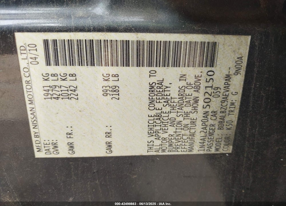 2010 NISSAN ALTIMA VIN: 1N4AL2AP0AN502150