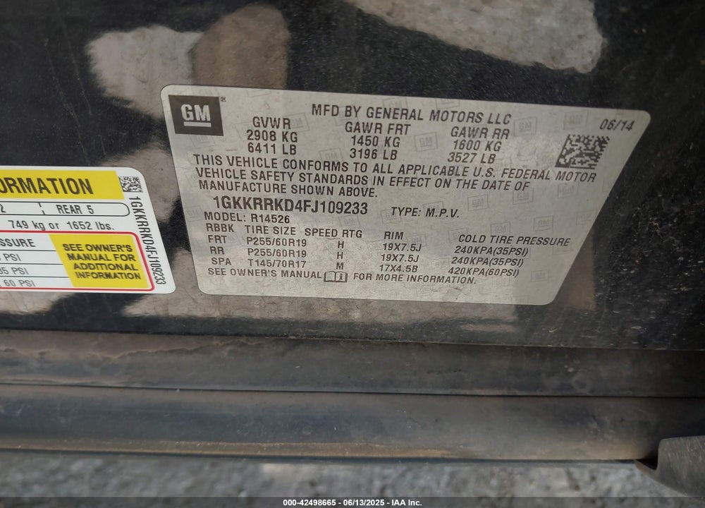 2015 GMC ACADIA SLT-1 VIN: 1GKKRRKD4FJ109233