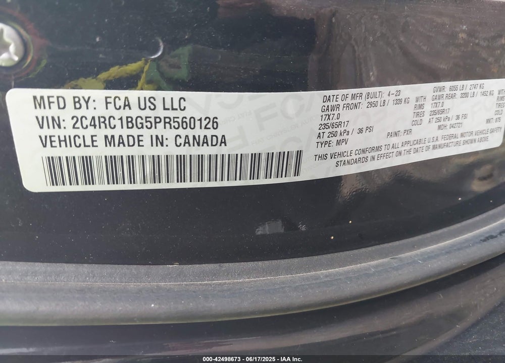 2023 CHRYSLER PACIFICA TOURING L VIN: 2C4RC1BG5PR560126