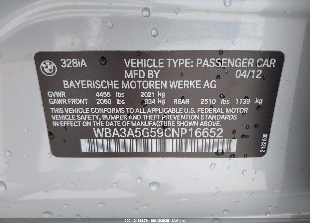 2012 BMW 328I VIN: WBA3A5G59CNP16652