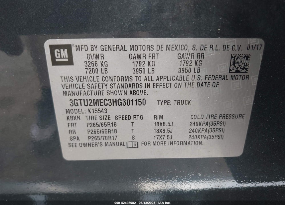 2017 GMC SIERRA VIN: 3GTU2MEC3HG301150