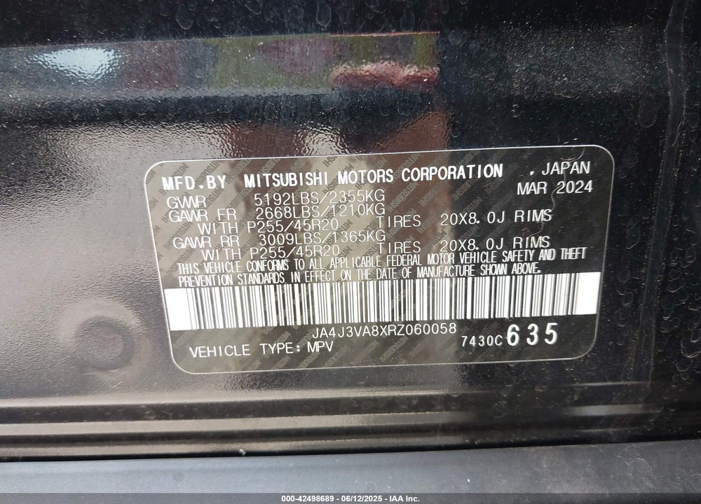 2024 MITSUBISHI OUTLANDER SE 2.5 2WD/SE BLACK EDITION S-AWC/SE BLACK EDITION W/PANO ROOF S-AWC VIN: JA4J3VA8XRZ060058